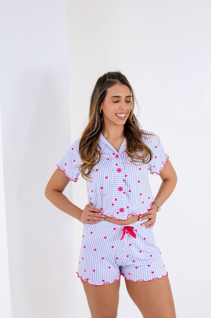 Pijama Americano de Cropped (LISTRA AZUL) - Ref 609L
