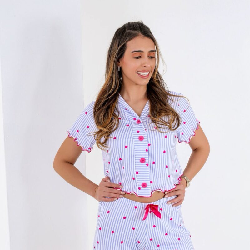Pijama Americano de Cropped (LISTRA AZUL) - Ref 609L
